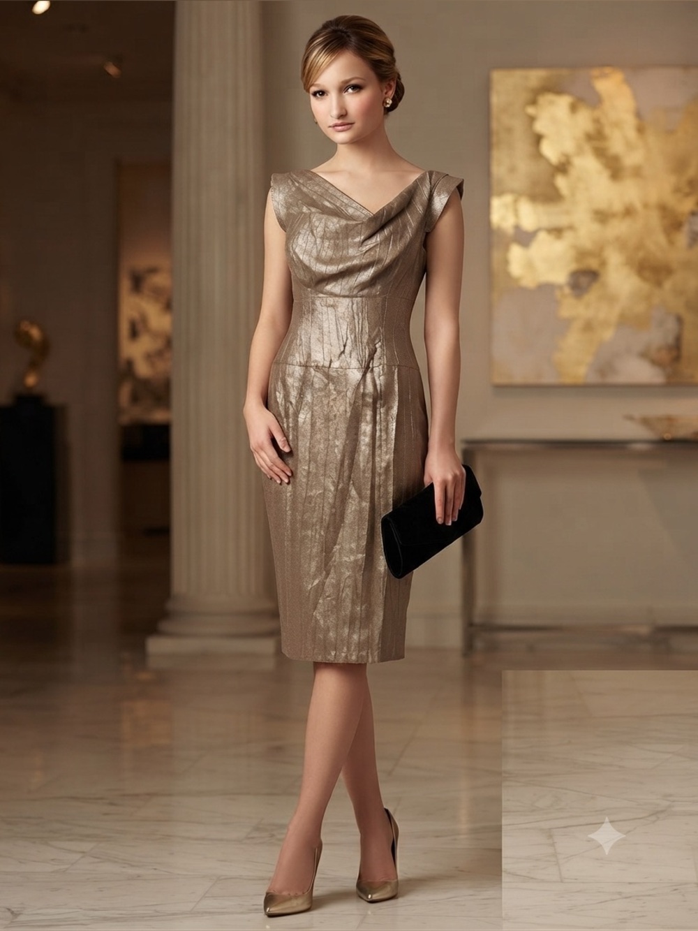Black Halo Metallic Taupe Cowl-Neck Sheath Dress with Cap Sleeves
